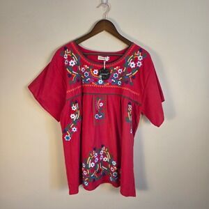Red Floral Embroidered Mexican Peasant Blouse XXL Cotton Boho Top